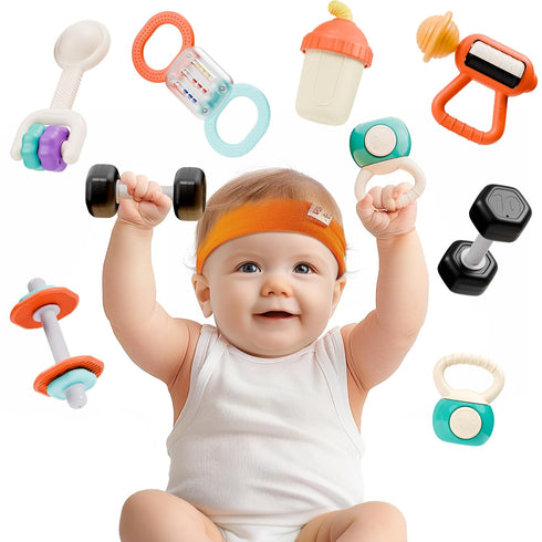 iPlay, iLearn Baby First Gym Rattle Set, Infant Dumbbell Weights Teething Rattles