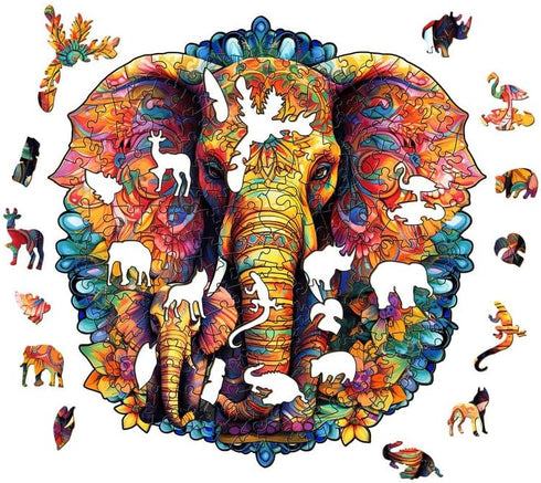 Wooden Puzzles for Adults, Mandala Elephant (L-280pcs) Unique Shaped Animal Wood Puzzles, Birthday Gift Family Game