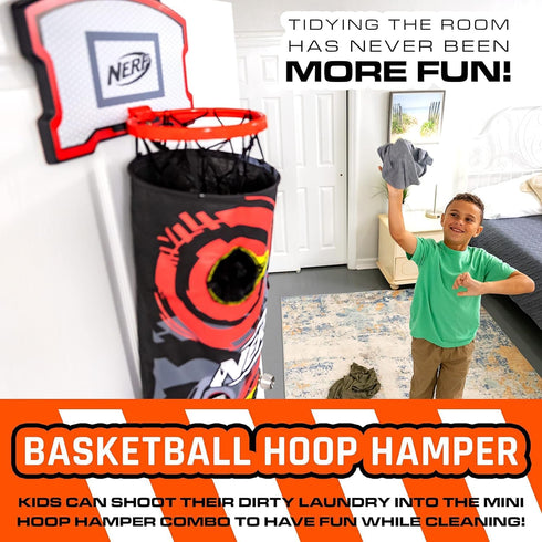 NERF Basketball Hoop Hamper - Over the Door Laundry Layup Basket + Mini Basketball Set