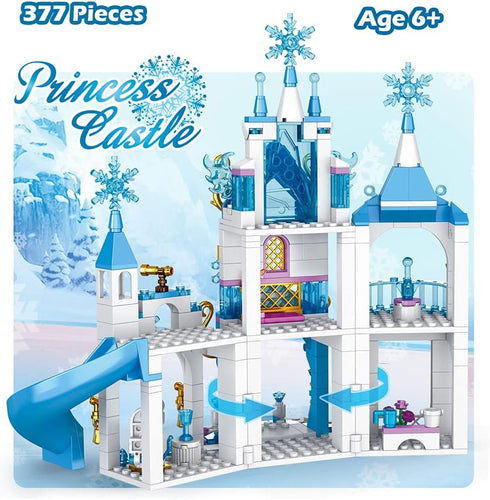 Girls Castle Building Blocks Toys Set - 377 Pieces Ice Princess Castle Construction, Snow Castle Building Bricks, Gift