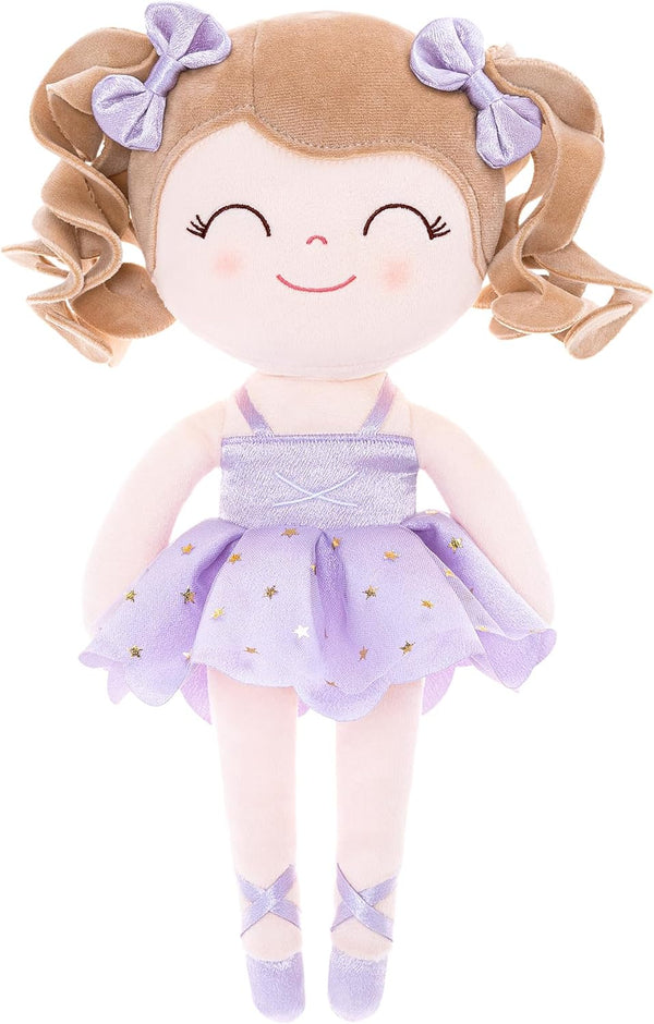 Gloveleya Baby Dolls Soft Snuggly Curly Hair Ballerina Doll, Plush Ballet Doll with Lace Mesh Dress, Purple 14 inches