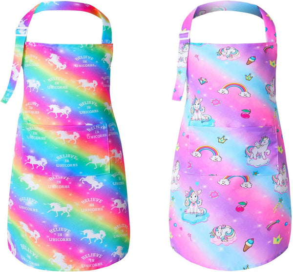 PASHOP 2 Pack Kids Apron: Rainbow Unicorn Aprons with Pockets for Girls Boys, Toddler Apron for Cooking