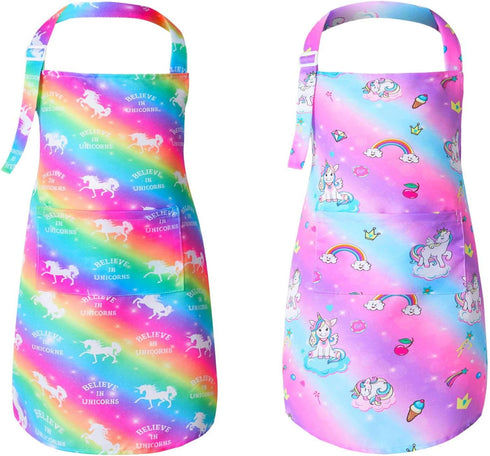 PASHOP 2 Pack Kids Apron, Rainbow Unicorn Aprons with Pockets for Girls Boys Toddler Painting Cooking Baking