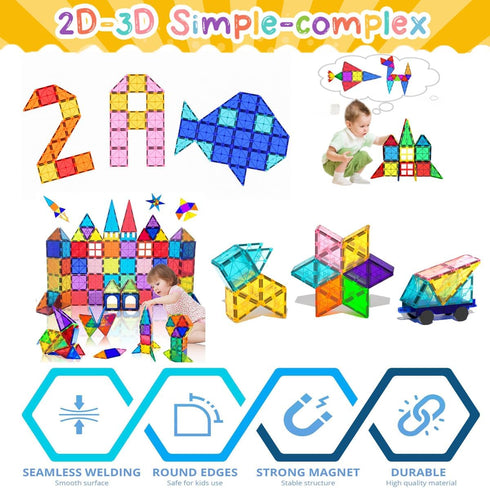 Large Magnetic Tiles Set - 4 Piece Square Shape Building Blocks for STEM Learning & Fun Kit