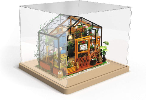 Hands Craft Miniatures Dollhouse Display Case | Acrylic Dust Cover & Wooden Base | Protective, Dust-Free Display |