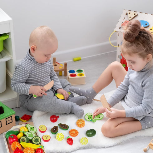 CARLORBO 2 Set Kitchen,9 Wooden Toys for Year Old - Pretend Play Food for Kids Play Cuttable Toy Fruit and Veg