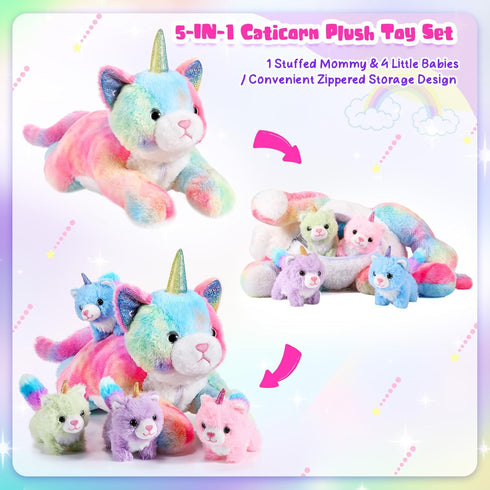 5 Set 16 Inch Mommy 4 Set Pieces Caticorn Plush Toy Cat Unicorn Stuffed Animal with Cute Plush Baby Kittens Pastel