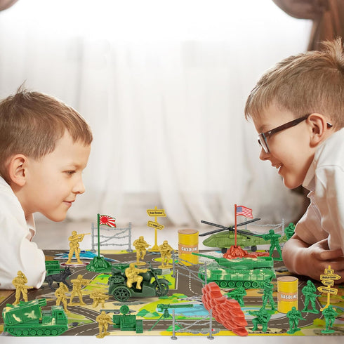 100 Pcs Army Men Toys for Boys with Map in Bucket, World War II Military Toy Soldier Action Figures Playset