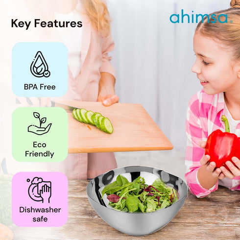Ahimsa Stainless Steel Bowls for Kids, 12 Ounce Salad Bowls, Pediatrician Designed, Dishwasher Safe
