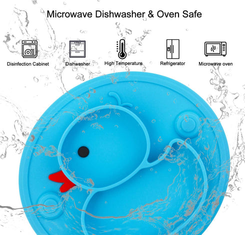 Baby Divided Plate Silicone - Portable Non Slip Feeding Plate with Suction Cup for Kids, BPA Free (Duck-Blue)