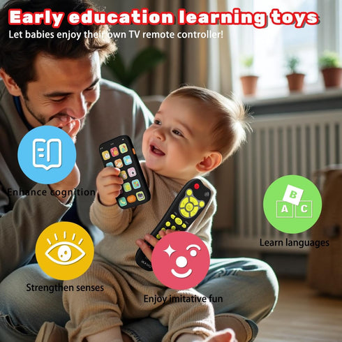 iKOIHO Set, 6+ 1 Baby Phone TV Remote Toy Bilingual Play Phones Toy Remote for Baby with Music Light for Months, Early