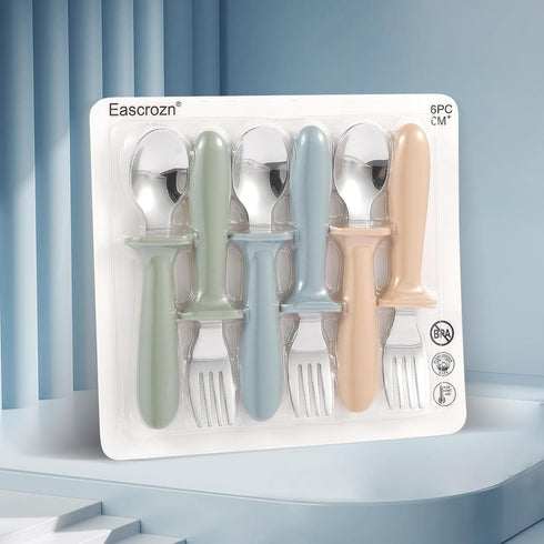 6 Pack Toddler Utensils Set, Kids Silverware with Silicone Handle, 18/8 Stainless Steel Forks and Spoons
