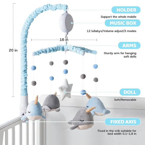 JolyRolyPal Set 12 Crib Mobile for Boys and Girls, Whale Mobile with Mobile Arm and Lullabies for Baby, Ocean Animal