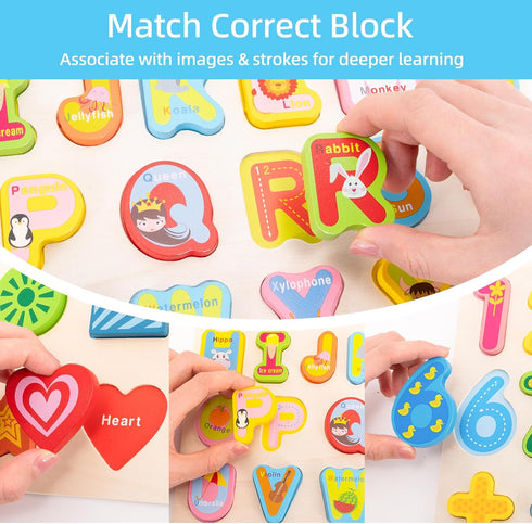 Wooden Alphabet Number Shape Learning Puzzles for Toddlers, 3 in 1 ABC Letter Puzzle Board Set for Ages 3-5 Educational