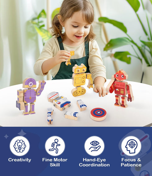 3+Years Playset, 3+ Fine Motor Building Robot Blocks for Old Kids, Snap on Robots Together Building Blocks, Take Apart