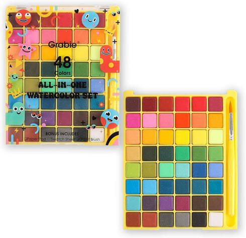 Set, 48 Grabie Mini Watercolor Colors with Brush, Paper Pad and Swatch Sheet, Travel Watercolors Painting Kit