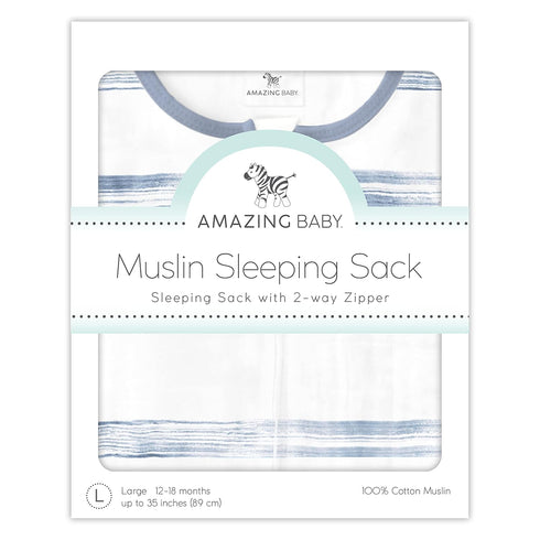 Amazing Baby Cotton Muslin Sleeping Sack, Wearable Blanket with 2-Way Zipper, Watercolor Stripes, Denim, Large (12-18