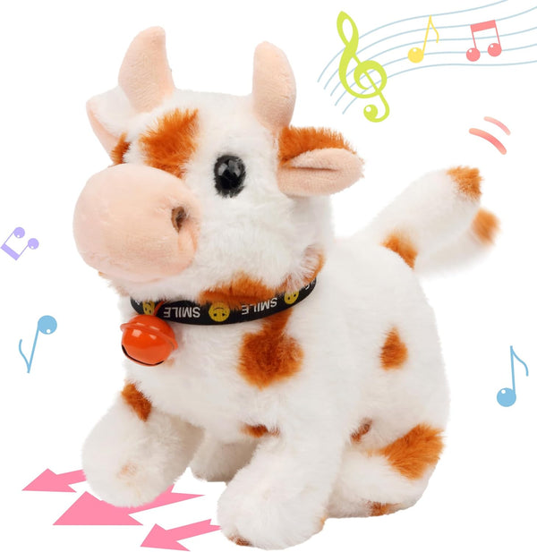 Hopearl Walking Cow Interactive Electronic Pet Plush Toy with Sounds and Movements, MOO Nodding Head Wag Tail Gifts for