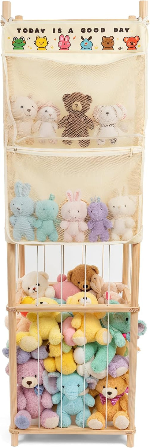 SPRINOAK 54-Inch Tall Stuffed Animal Storage Organizer - Premium Wooden Plush Toy Holder Zoo, Large Toy Storage Tower