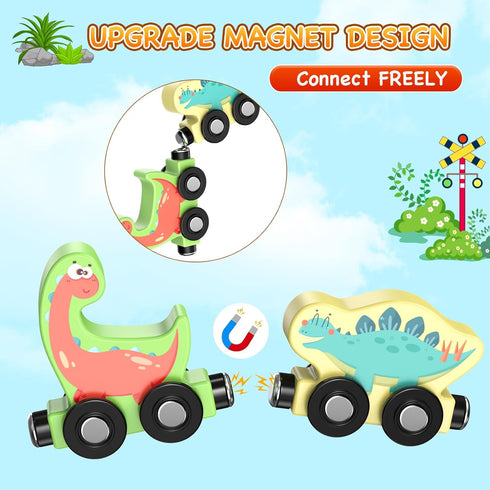 11 Magnetic Wooden Dinosaur Train Set, Montessori Educational Toys for Toddlers, Birthday Gifts for Kids