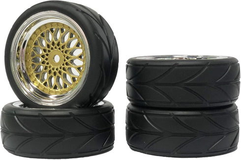 4PCS 64mm RC On Road Rubber Tires and Plastic Plating Wheel Rims Set for 1/10 RC Touring Racing Drift Car