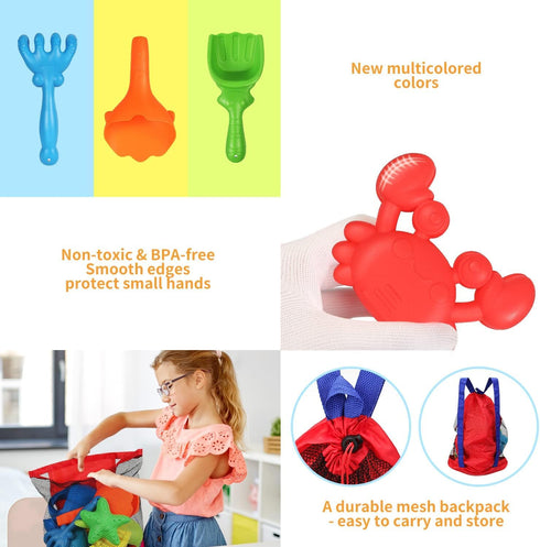 Set, 24PCS Backpack 2 Summer Elovien Beach Sand Toys Sandbox Toys with Mesh Bag Included Foldable Buckets Pails, Sand