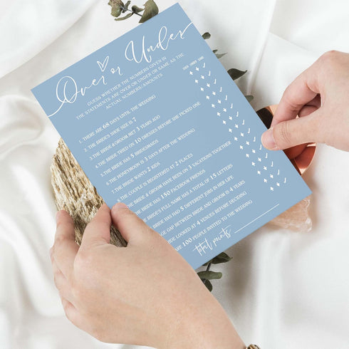 Bridal Shower Games Cards, Guess Over or Under, 25 Guests Engagement Party Wedding Games, Minimalist Blue Supplies - B13