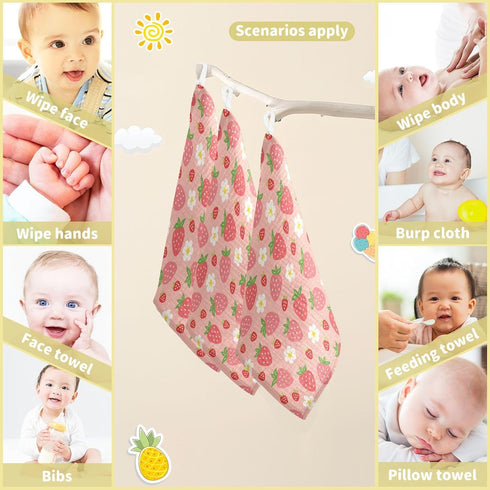 Moudou 3 Pack, 12 12 Inch Strawberry Baby Muslin Washcloths Absorbent Soft Cotton Baby Bath Face Towels Burp Cloths