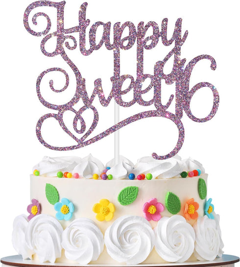 Happy Sweet 16 Cake Topper - Sweet 16 Birthday Decorations for Girls/Boys in Purple Glitter