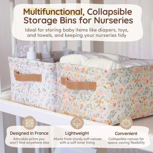8"x5.2"x10" 2 Pack, Fabric Storage Bins Cute for Nursery - Collapsible Pink & Flower Kids Baskets with Handles Hamper