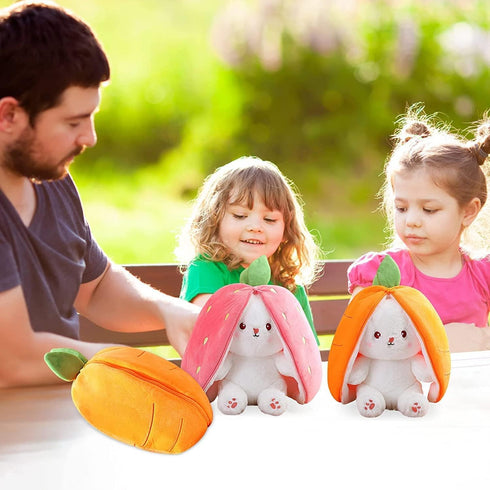 MIAODAM 10-Inch Cuddly Bunny Stuffed Animal, Kawaii Plush Rabbit Doll with Carrot Strawberry Pillow for Baby