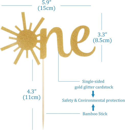 Cake Topper for Baby 1st Birthday - Gold Glitter Sunshine ONE Anniversary Shower Topper for Party Cake Decorating