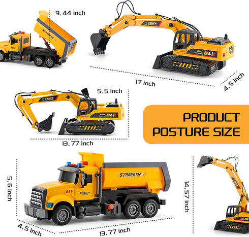 LerBao 2 Pack 3 4 5 6 7 8 Large Construction Engineering Truck Toys,Moveable Claw Excavator & Lifting Back Dump Truck