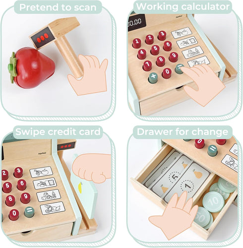 PairPear Wooden Toy Cash Register with Scanner and Credit Card, Kids Pretend Play Money Counting Toy for Boys Girls 3+