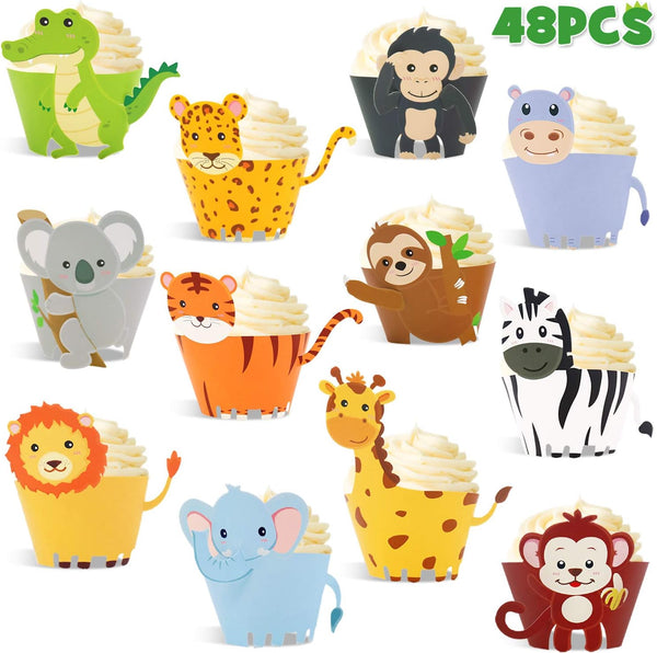 48 Pcs Jungle Safari Animal Cupcake Wrappers, Wild Party Cake Decorations for Baby Shower Birthday Themed Supplies