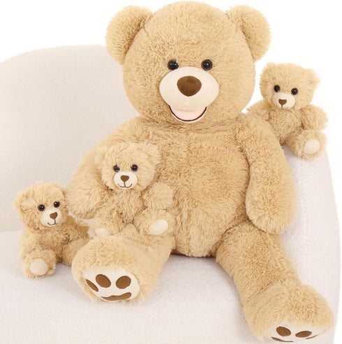 MorisMos 28 in Big Teddy Bear Stuffed Animal Mommy with 3 Baby Bears, 4 Packs Classic Brown Plush Toy Set