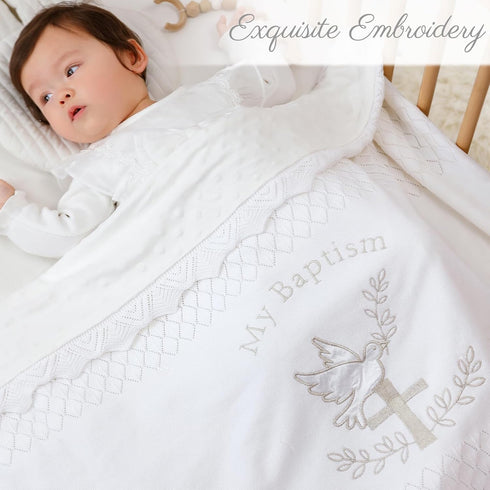 100% 39.4 39.4 Baptism Knit Baby Blanket with Minky Dot Lining, Cotton Christening Blanket x in, Embroidered Cross