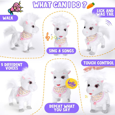 Ylpaprm White Walking Pony with Leash Toy Horses Electric Ponie That Walks,Plush Horse Toy for Kid Talking Musical