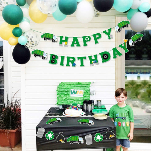 Bessmoso 3 Pcs Garbage Truck Birthday Decorations, Trash Truck Birthday Banner for Boys and Girls Baby Shower Parties
