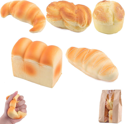 Anboor 5 Pcs Bread Squishies Artificial Fake Toast Bread, Croissant,French Bread, Challah,