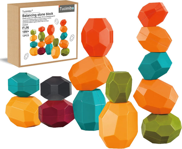 Tucimibo Jumbo Balancing Stones Toy Set, Polyhedral Plastic Stacking Rocks Educational Creative Preschool