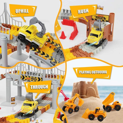 Set, 2 Construction Race Tracks Flexible Train Tracks w/ Electric Construction Race Vehicles w/Lights, STEM Engineering
