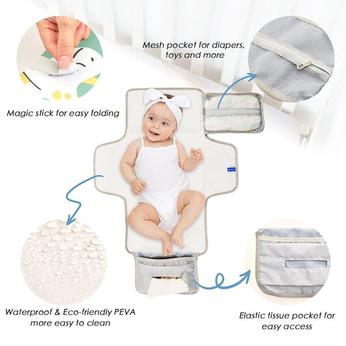 WELLDAY Cute Dinosaurs Portable Diaper Changing Pad - Waterproof Foldable Baby Diaper Changing Pad with Built