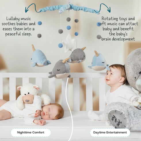 JolyRolyPal Set 12 Crib Mobile for Boys and Girls, Whale Mobile with Mobile Arm and Lullabies for Baby, Ocean Animal