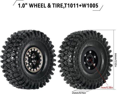 INJORA 1.0 Brass Beadlock Tires Set 4PCS for 1/18 TRX4M 1/24 RC Crawler Car Axial SCX24 Upgrade