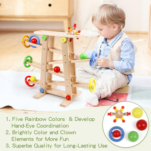 Qilay Wooden Race Track Toddler Toys - Wooden Car Ramp Racer Set with 4 Balls & 5 Race Tracks for Kids