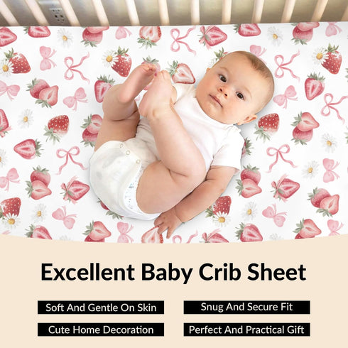 Cstdyfrv 52"x28" Strawberry Pink Bows Floral Baby Crib Sheets Sweet Watercolor Strawberry Daisy Flowers Soft Baby