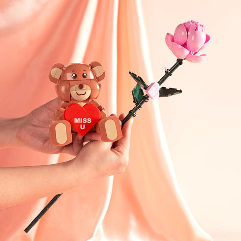 Set, 102 18 Inch 8+ Brickcraft Bricktanicals Pink Long Stem Rose Building Pieces, Buildable Flower, Romantic Valentines