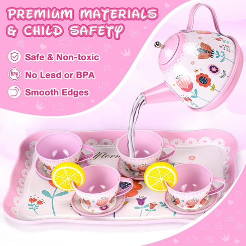 Set 63Pcs Sets 3-5 6 Playset, Tea Party for Little Girls, Pretend Play Toys, Princess Dress Up Tea Time, Tin Tea