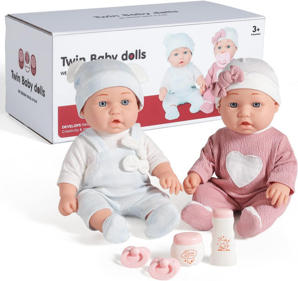 Enjoyin 12'' Playset 2 2 3+ Twins Baby Doll with Accessories Includes Boy and Girl Dolls, Powder Bottles